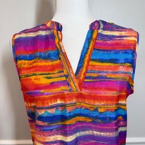 Watercolor Abstract Stripe Sleeveless Blouse V Neck Boho Vacation Top Women Med